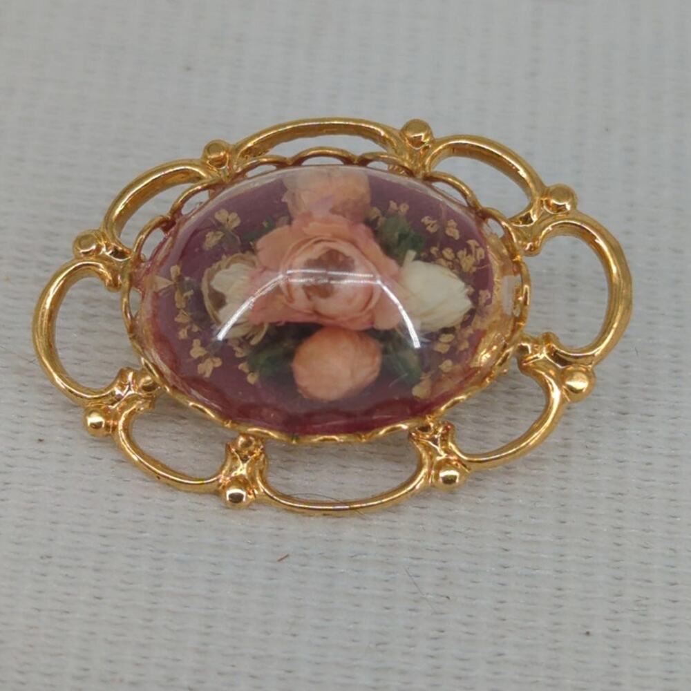 Vintage Gold-Tone Floral Rose Cabochon Brooch Pin Flower Oval